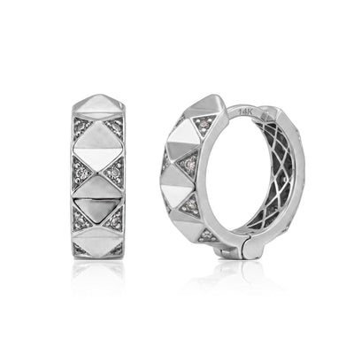 14K white gold geometric huggie earrings with round cubic zirconia, pair shown front and angled