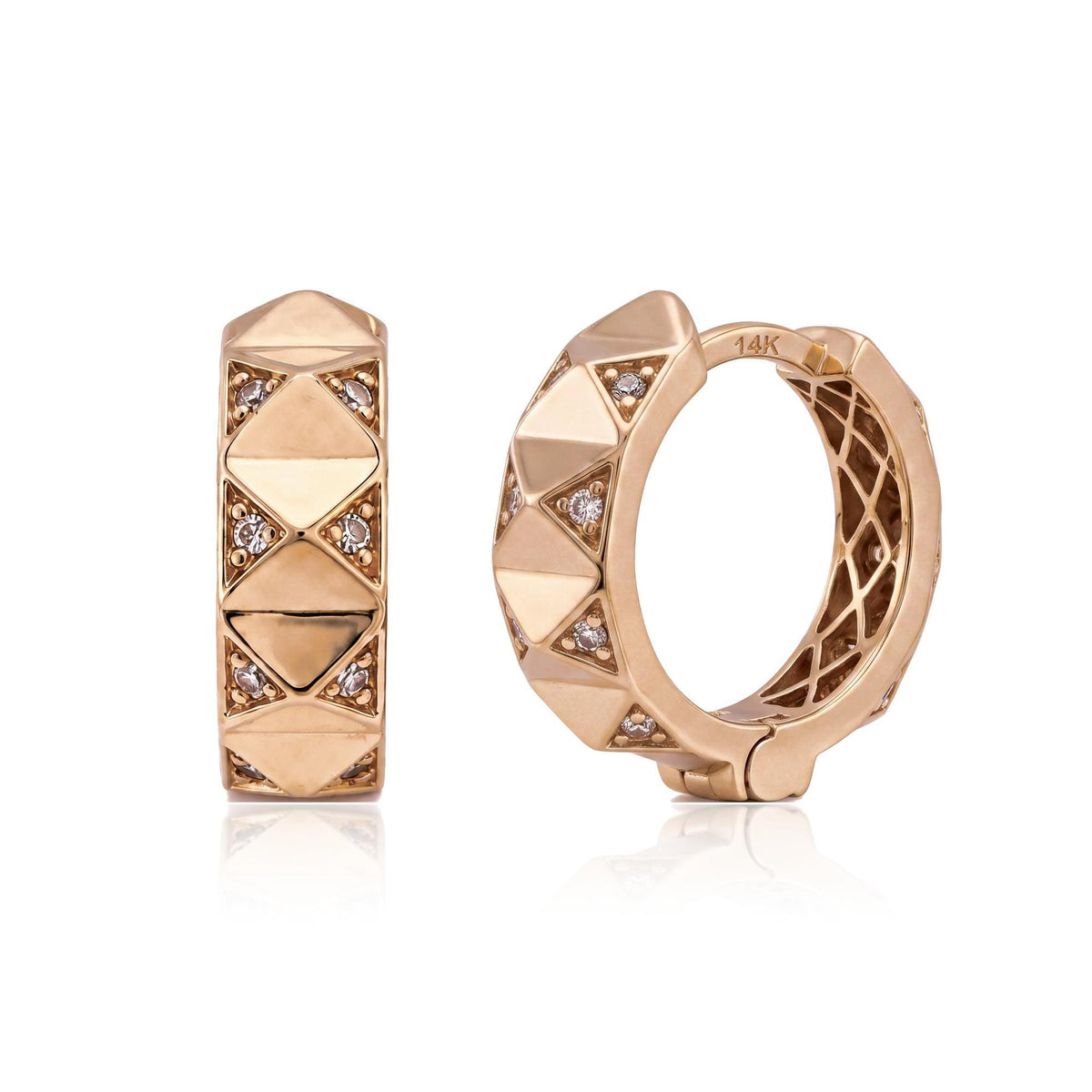 14K rose gold geometric huggie earrings with round cubic zirconia, pair shown front and angled