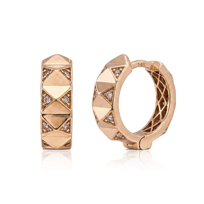 14K rose gold geometric huggie earrings with round cubic zirconia, pair shown front and angled