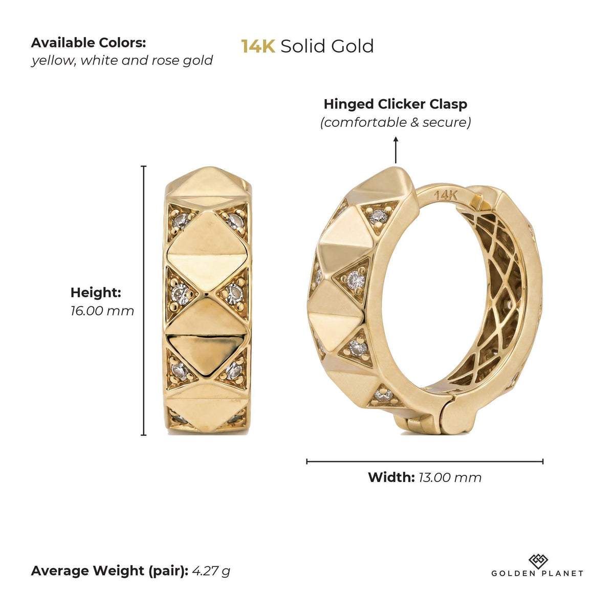 Size chart for the 14K gold geometric huggie earrings showing stones, available colors, height, width, closure, average