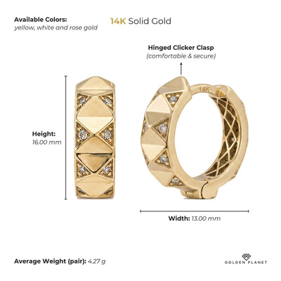 Size chart for the 14K gold geometric huggie earrings showing stones, available colors, height, width, closure, average