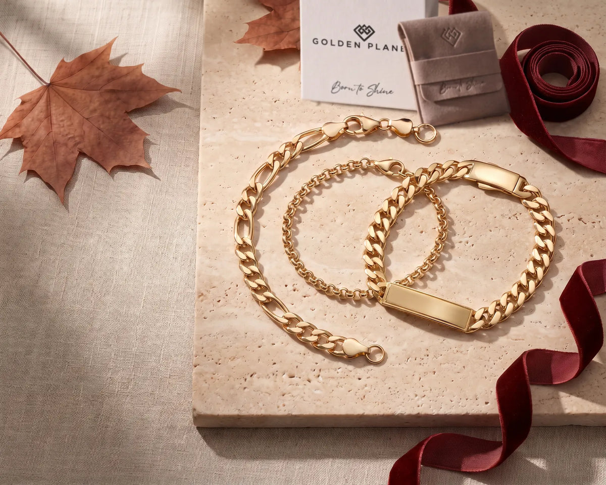 14K gold Figaro, Rolo and Cuban ID chain bracelets with Golden Planet gift box and pouch