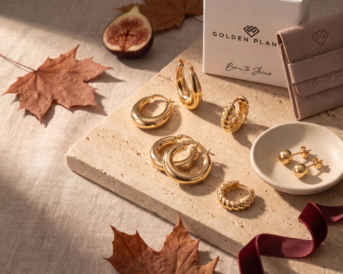 14K gold dome hoops, tube hoops, twisted huggies and ball studs with Golden Planet gift box and pouch