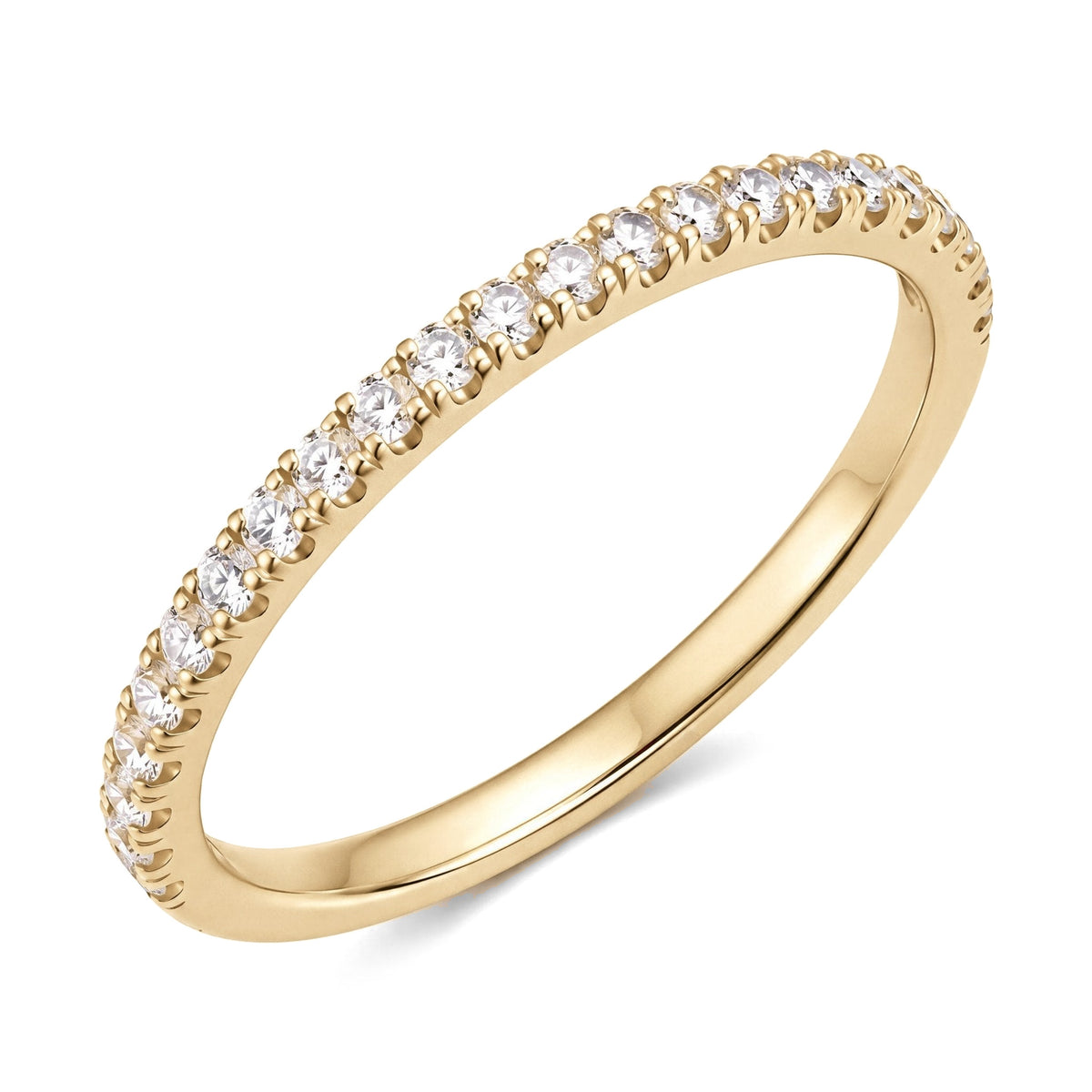 14K yellow gold half eternity ring with a row of round cubic zirconia, angled view on white