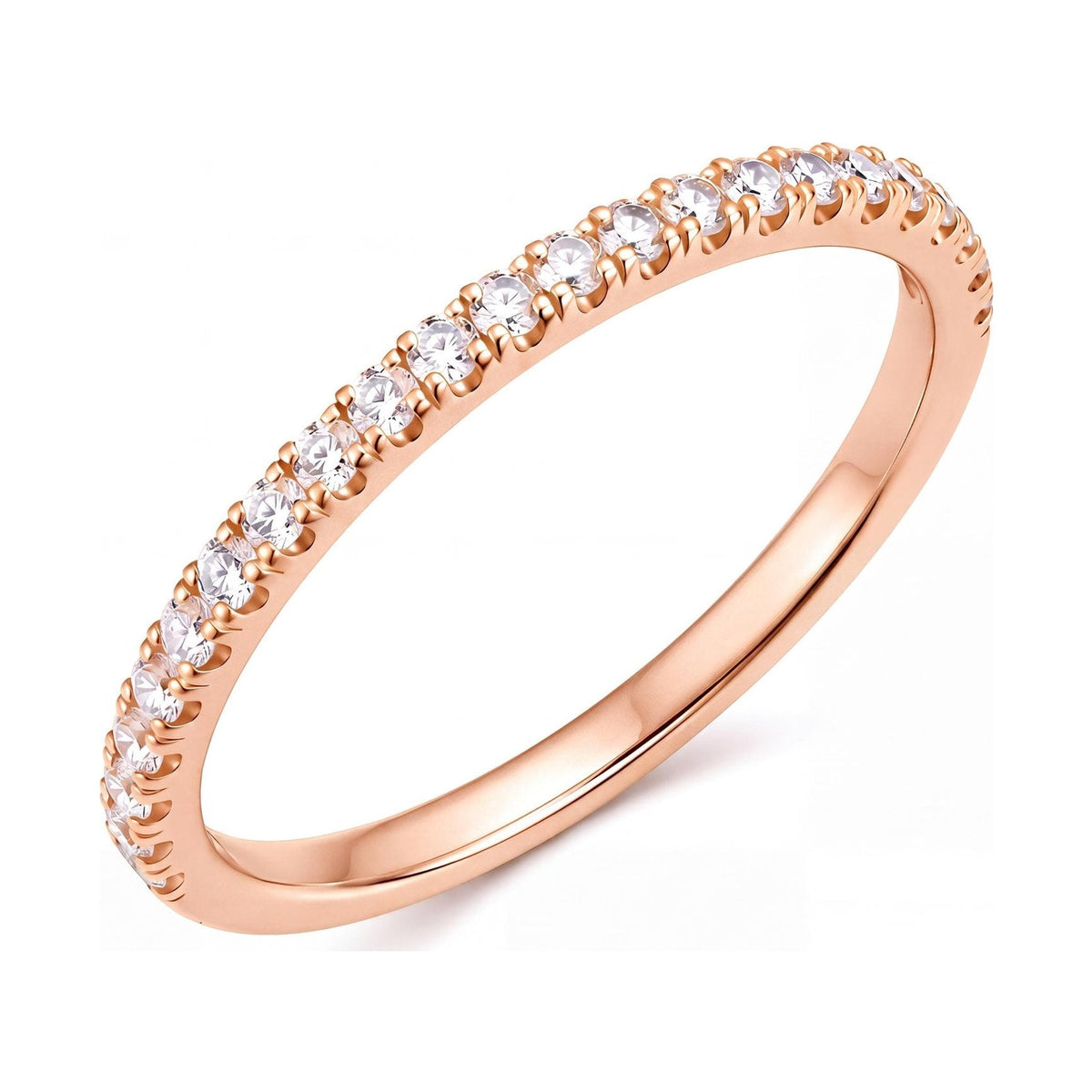 14K rose gold half eternity ring with a row of round cubic zirconia, angled view on white