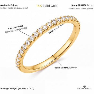 Product info graphic for 14K gold half eternity ring, showing stones, available colors, band width, height, average weight