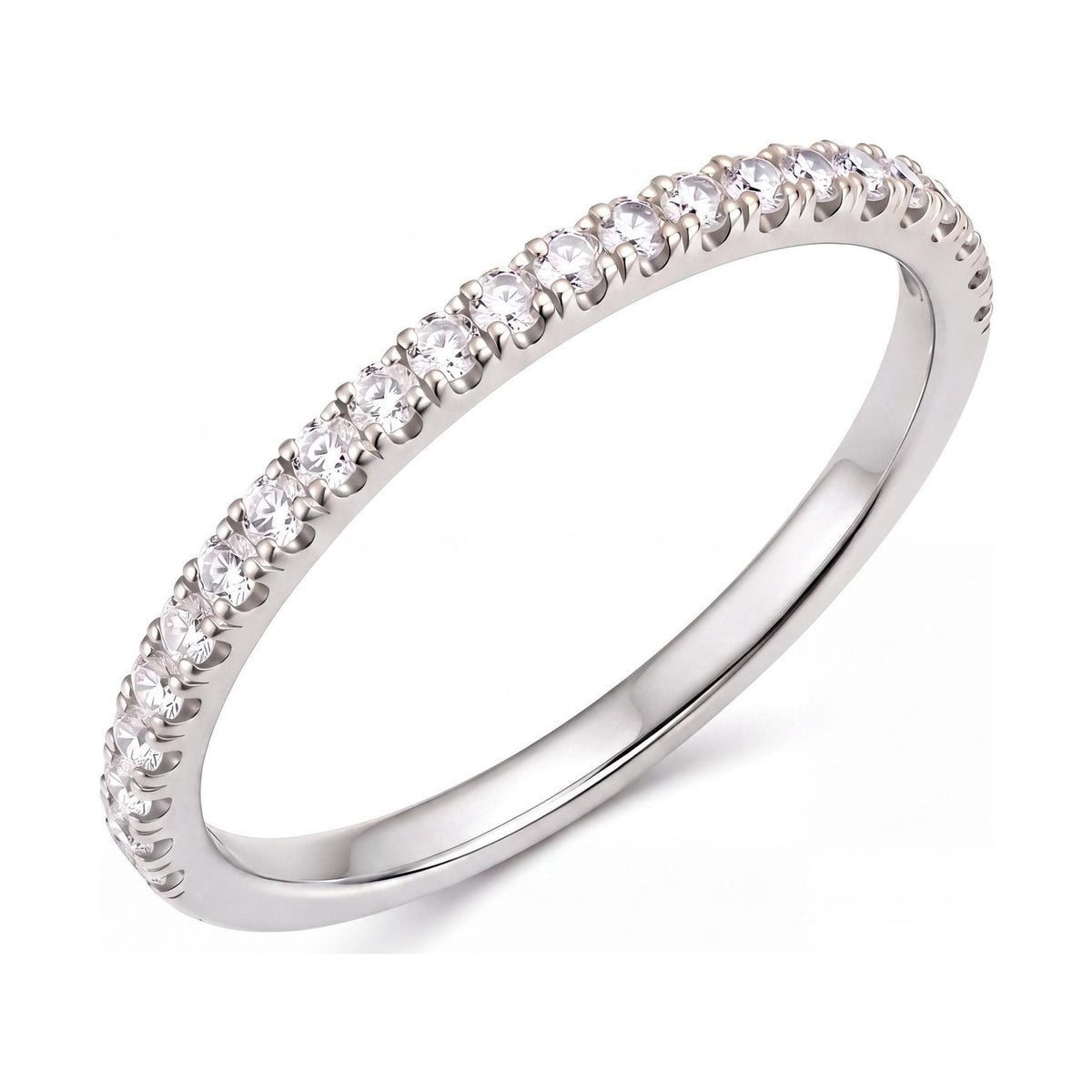 14K white gold half eternity ring with a row of round cubic zirconia, angled view on white