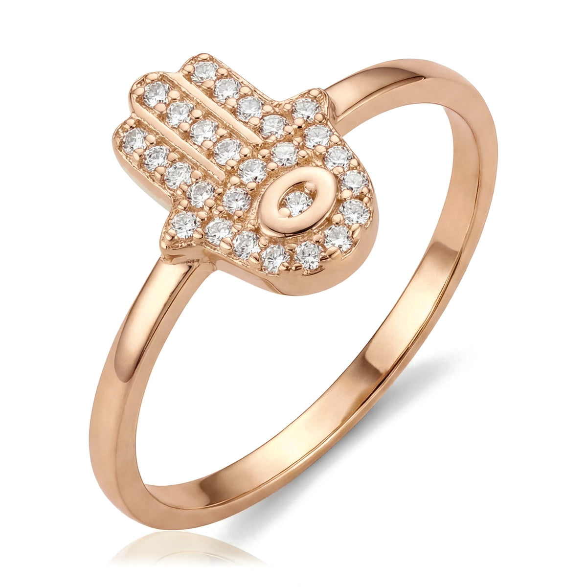 14K rose gold hamsa ring paved with CZ stones around an evil eye center, angled view on white