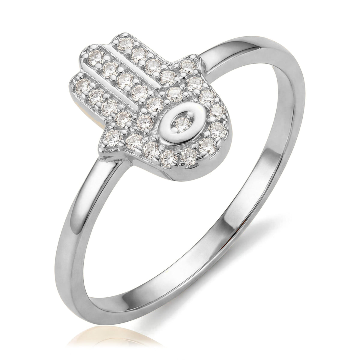 14K white gold hamsa ring paved with CZ stones around an evil eye center, angled view on white