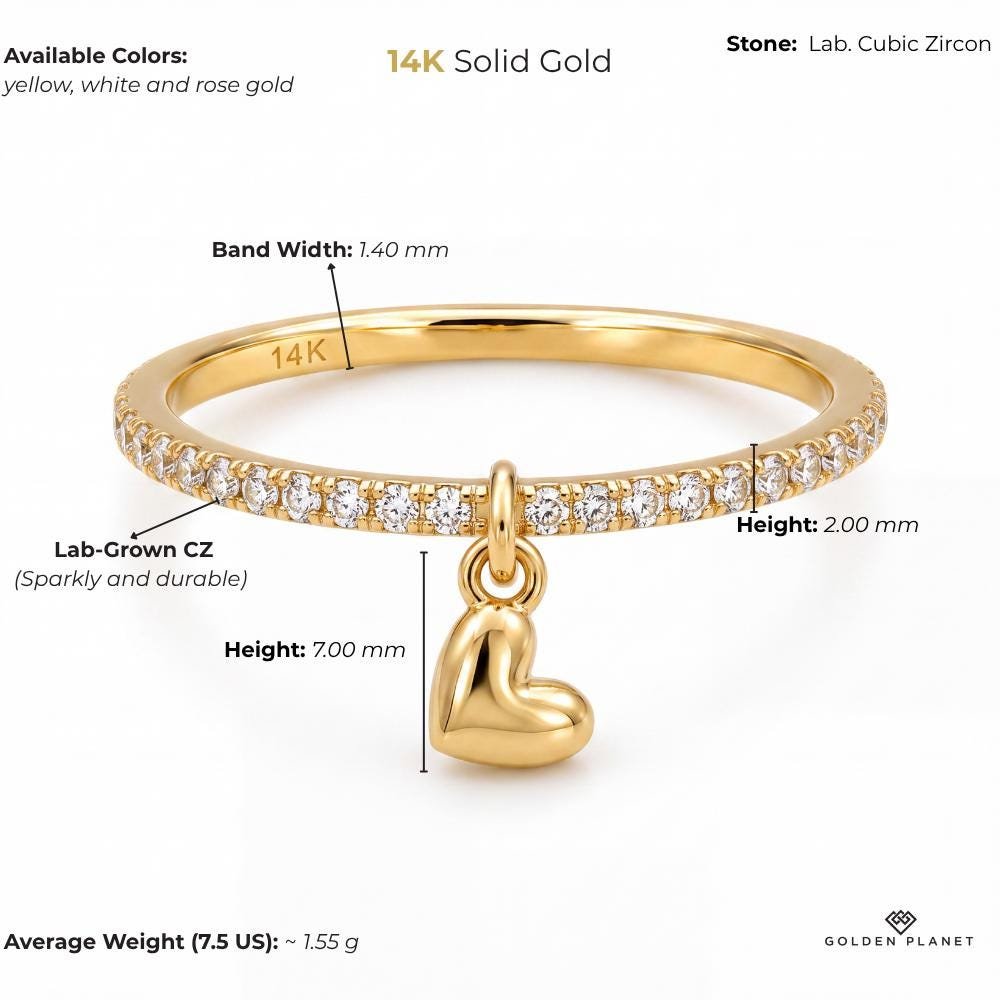Product info graphic for 14K gold heart charm ring, showing stones, available colors, band width, height, heart charm