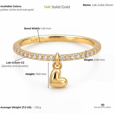 Product info graphic for 14K gold heart charm ring, showing stones, available colors, band width, height, heart charm