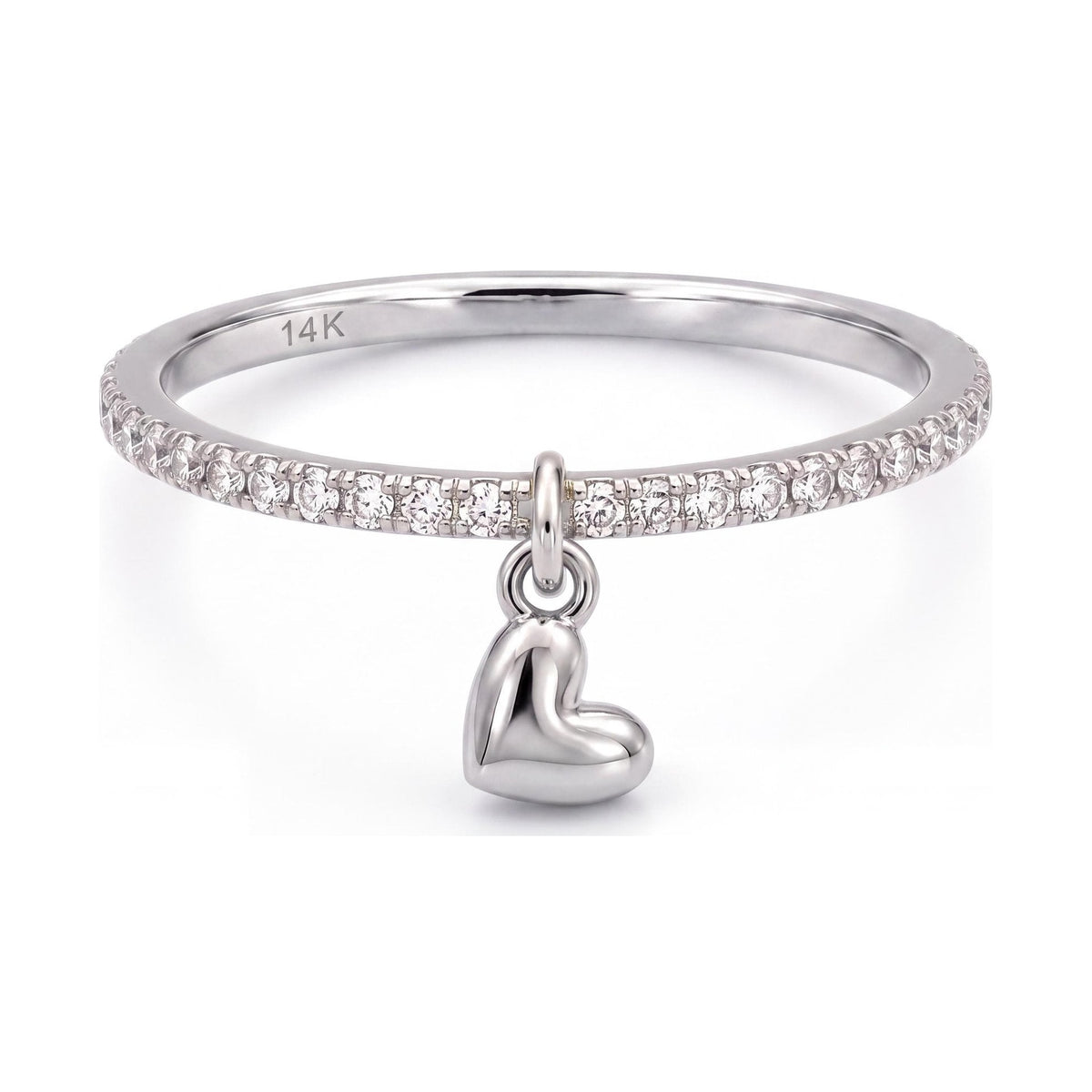 14K white gold heart charm ring, clear stone band with a dangling puffed heart, front view on white