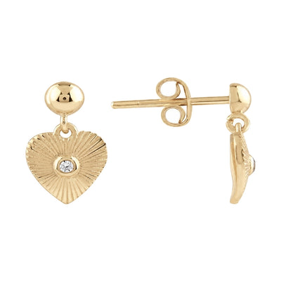 14K yellow gold heart drop stud earrings with round cubic zirconia, front view and side view with butterfly back
