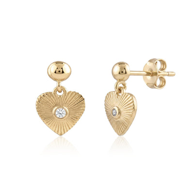 14K yellow gold heart drop stud earrings, round cubic zirconia in sunburst-engraved hearts, with reflection on white