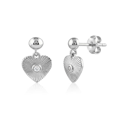 14K white gold heart drop stud earrings with round cubic zirconia, front and side view on white