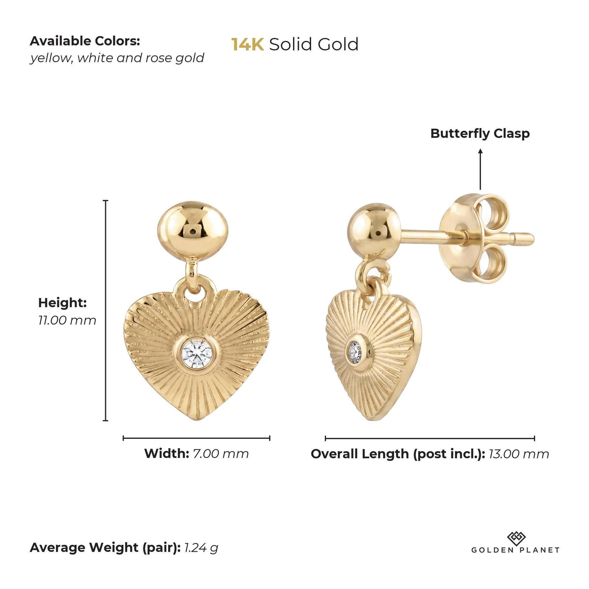 Size chart for the 14K gold heart drop stud earrings showing stones, available colors, height, width, overall length