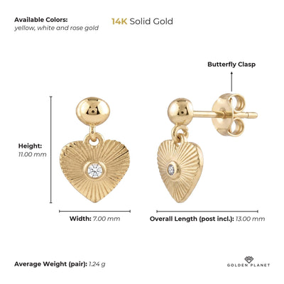 Size chart for the 14K gold heart drop stud earrings showing stones, available colors, height, width, overall length