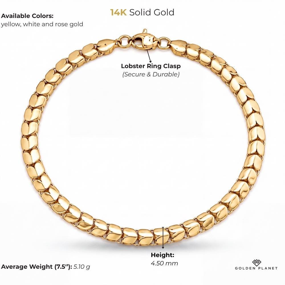 Size chart for the 14K gold heart link bracelet showing size and weight