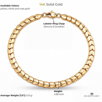 Size chart for the 14K gold heart link bracelet showing size and weight