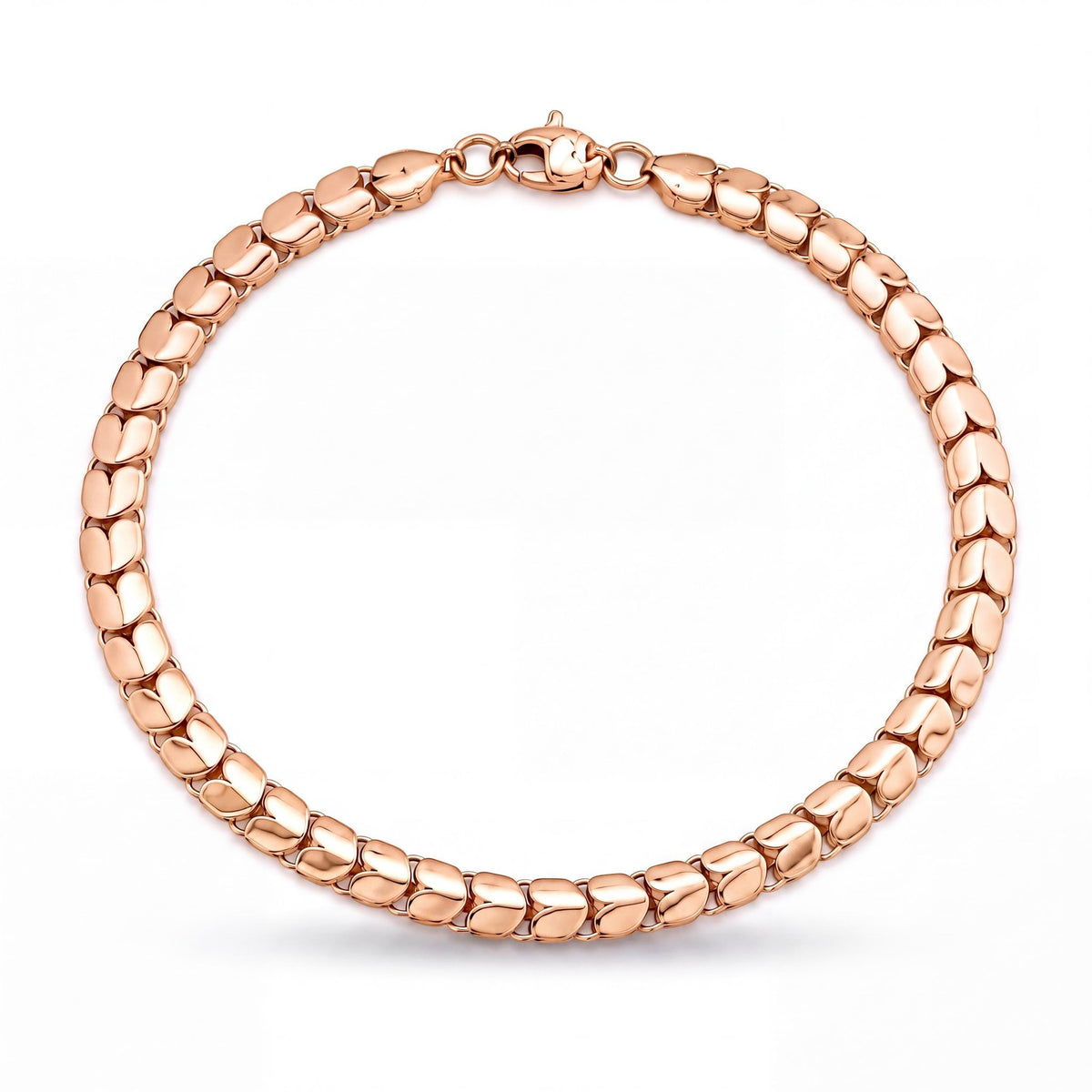 14K rose gold heart link bracelet on white