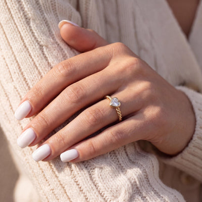 14K gold heart shape engagement ring, styled view