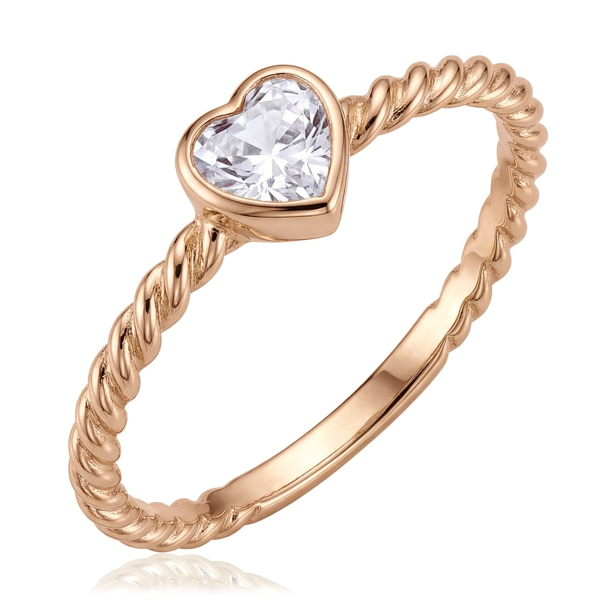 14K rose gold heart shape engagement ring, bezel-set heart stone on a twisted rope band, on white