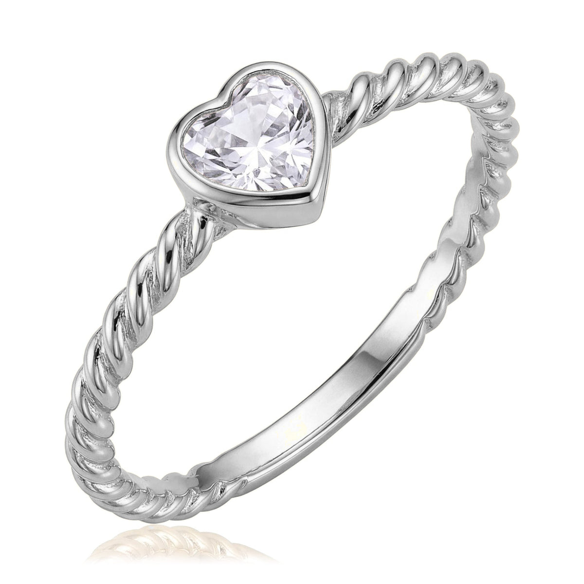 14K white gold heart shape engagement ring, bezel-set heart stone on a twisted rope band, on white