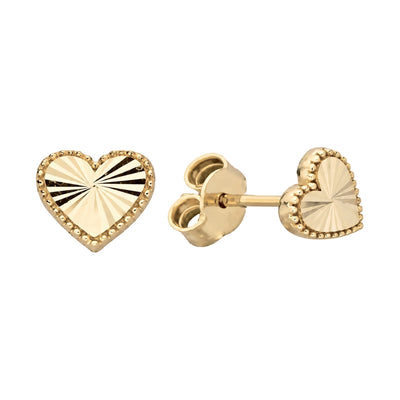 Yellow 14K gold heart stud earrings with ray-cut texture and beaded edge, front and side view with push backs