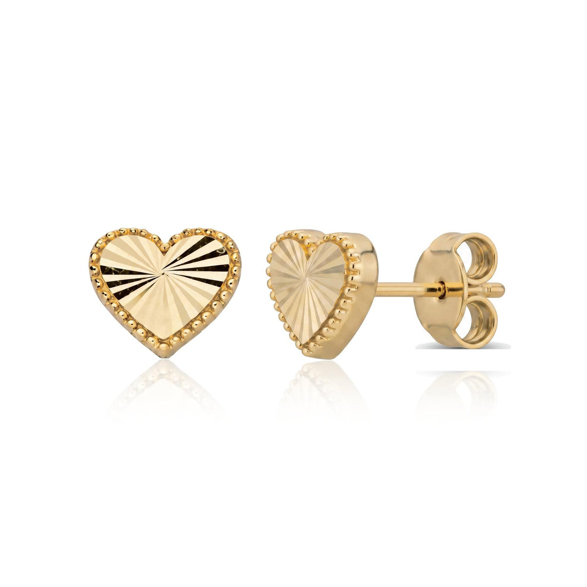 Yellow 14K gold heart stud earrings with beaded border, front and side angle with butterfly backs on white
