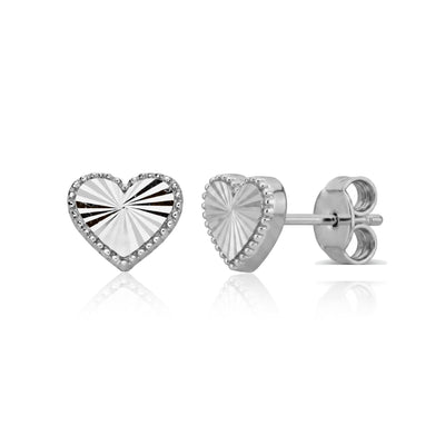 White 14K gold heart stud earrings with beaded edge and ray-cut face, front and side view on white