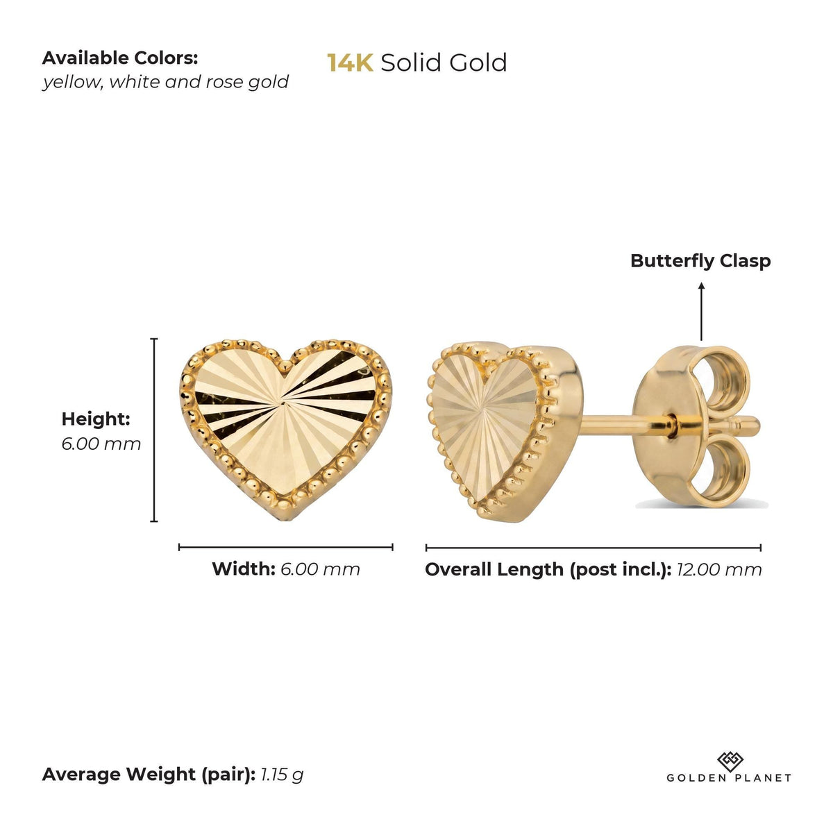 Size chart for the 14K gold heart stud earrings showing available colors, earring face, overall length, closure, average