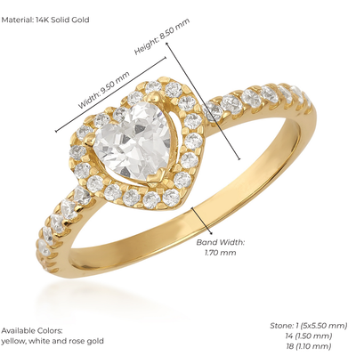 14K Solid Gold Heart-Shaped Center Ring – Vintage Style Zirconia Cluster Ring