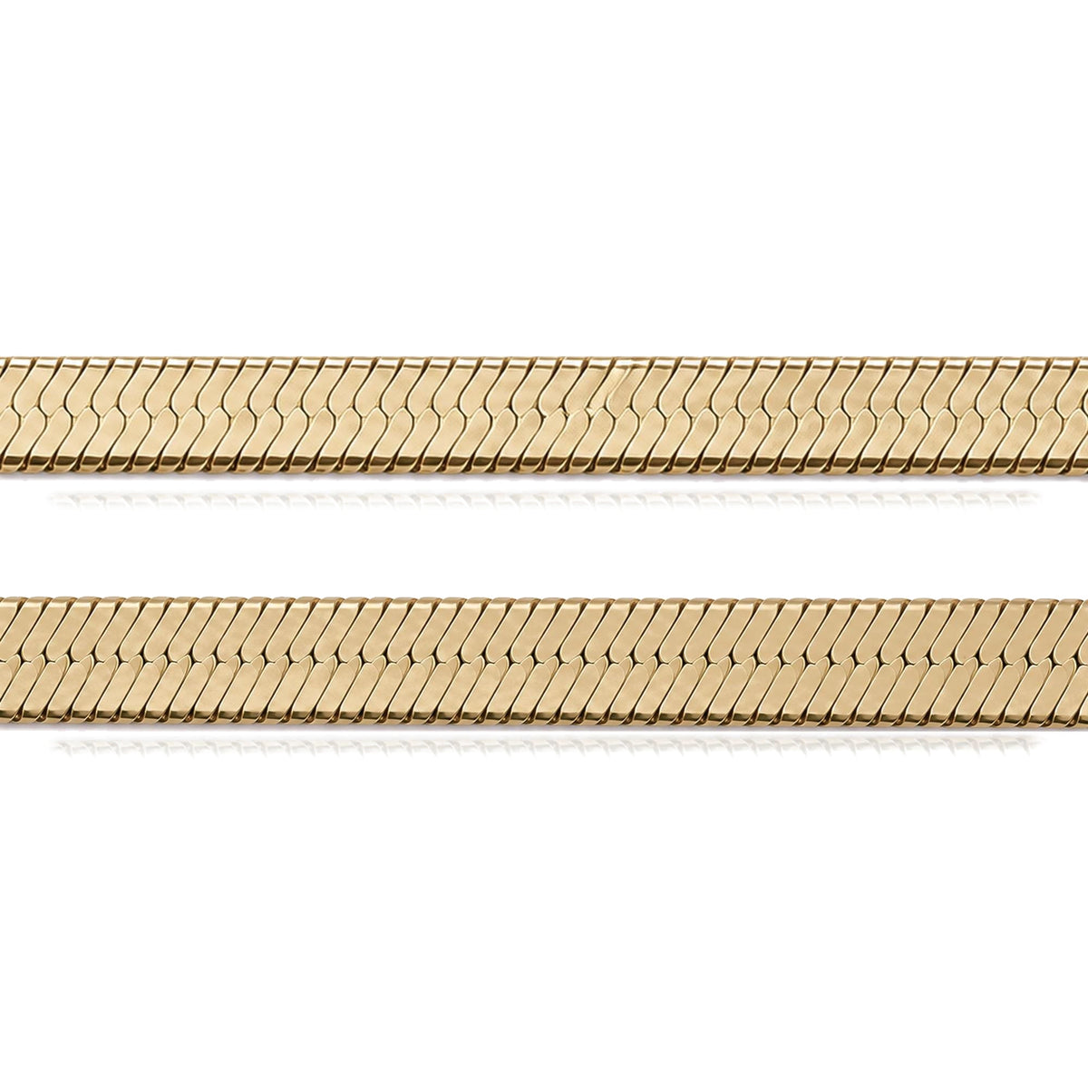 Close-up of 14K yellow gold herringbone chain in two widths, laid flat on a white background