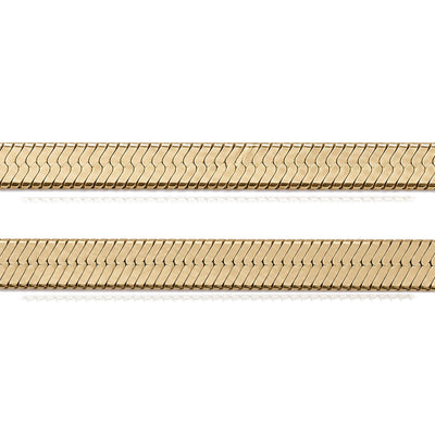 Close-up of 14K yellow gold herringbone chain in two widths, laid flat on a white background