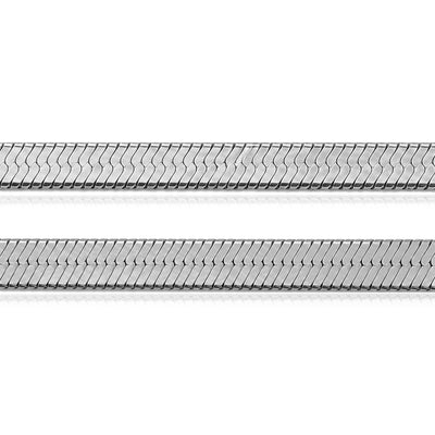 Close-up of 14K white gold herringbone chain in two widths, laid flat on a white background