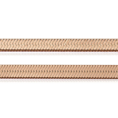 Close-up of 14K rose gold herringbone chain in two widths, laid flat on a white background