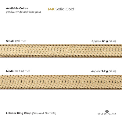 Size chart for the 14K gold herringbone chain necklace showing available colors, chain length, small width, medium width