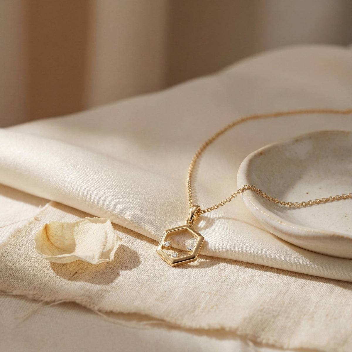14K gold hexagon zirconia necklace, styled view