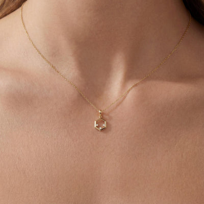 14K gold hexagon zirconia necklace, styled view
