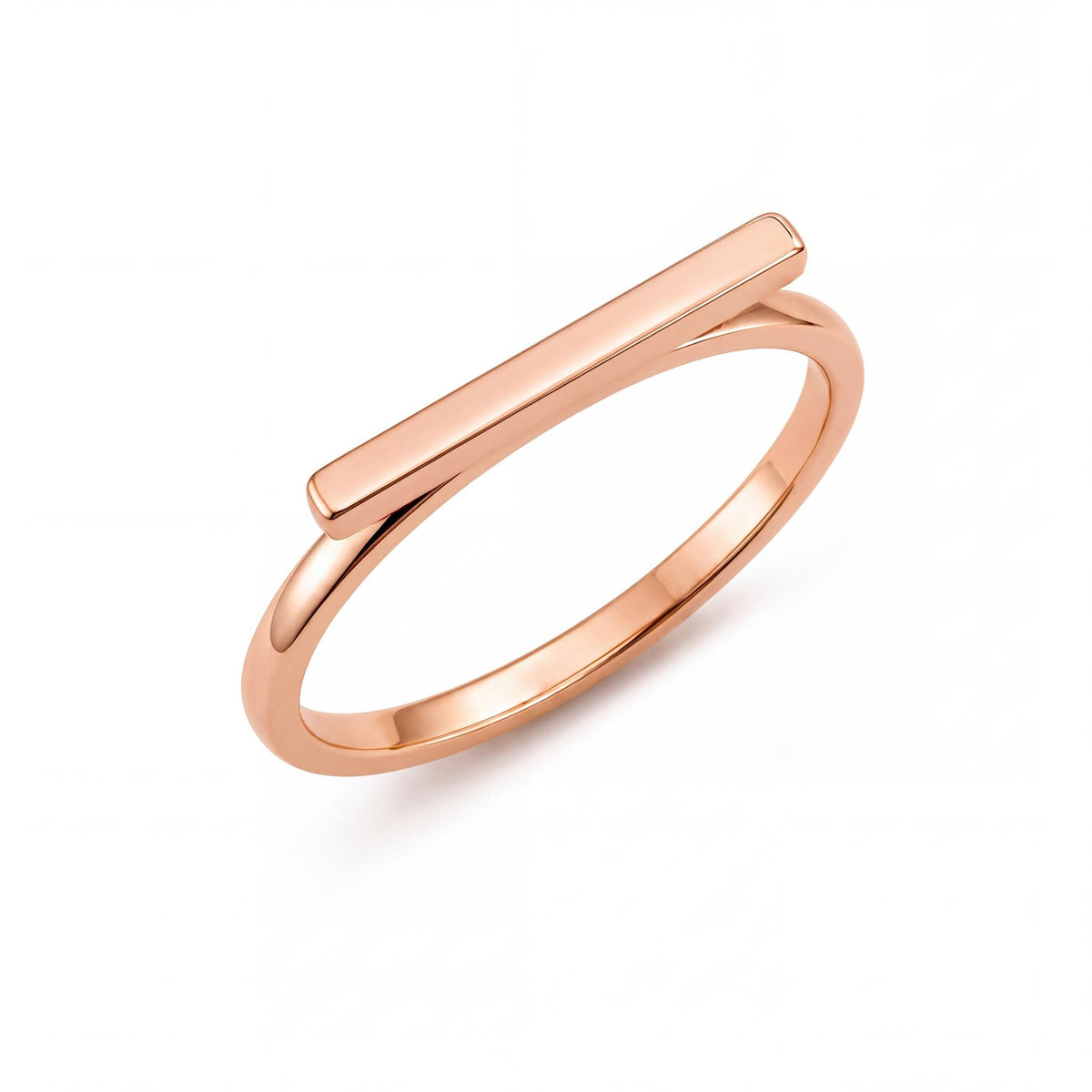 14K rose gold horizontal bar ring flat lay on white background