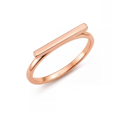 14K rose gold horizontal bar ring flat lay on white background