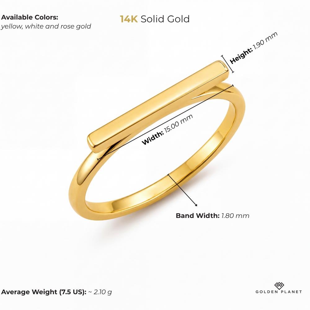 Size chart for the 14K gold horizontal bar ring showing available colors, band width, height, width, average weight
