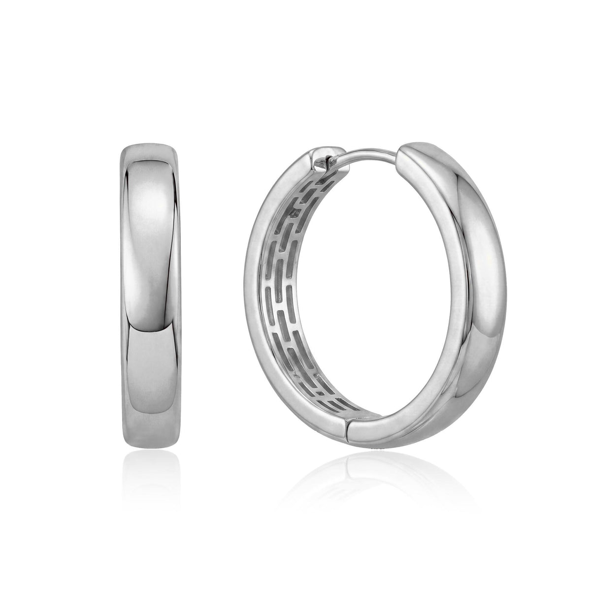 14K white gold huggie hoop earrings, front and side view of the pair on white