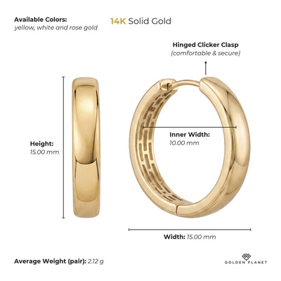 Size chart for the 14K gold huggie hoop earrings showing available colors, outer size, inner width, closure, average weight