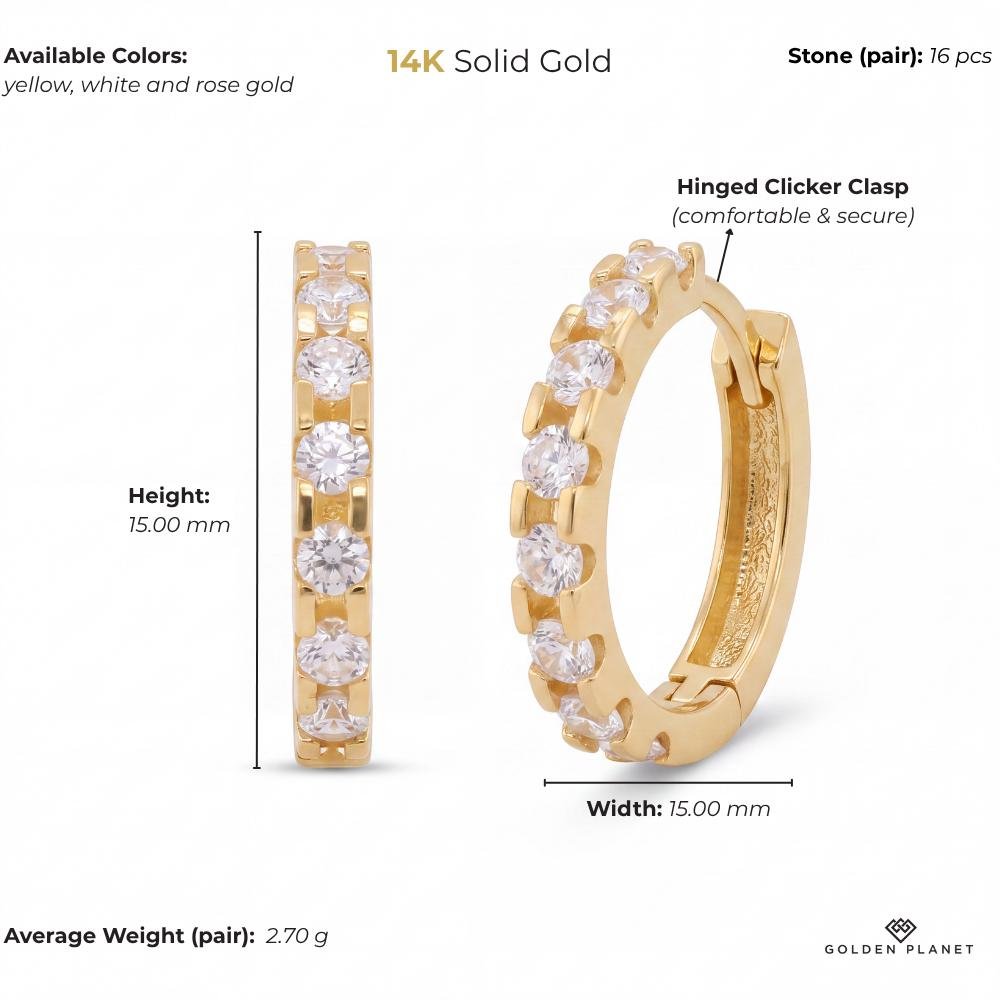 Product info graphic for 14K gold huggie hoop earrings, size and weight guide