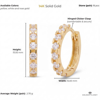 Product info graphic for 14K gold huggie hoop earrings, size and weight guide