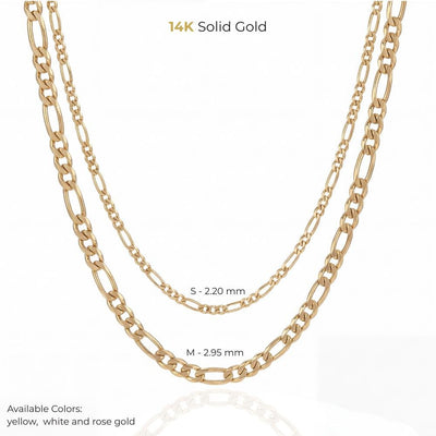 Figaro Chain Necklace 14K Solid Gold Handmade Fine Jewelry -  2.20 mm or 2.95 mm