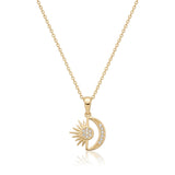 14K yellow gold sun and moon pendant necklace, half sun with rays joined to a CZ crescent moon