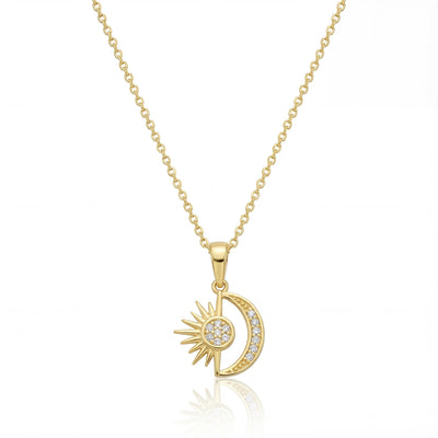 14K Solid Gold Sun and Moon Pendant Necklace with CZ Stones Minimal Charm