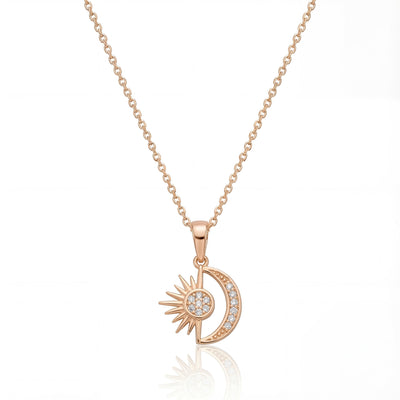 14K Solid Gold Sun and Moon Pendant Necklace with CZ Stones Minimal Charm